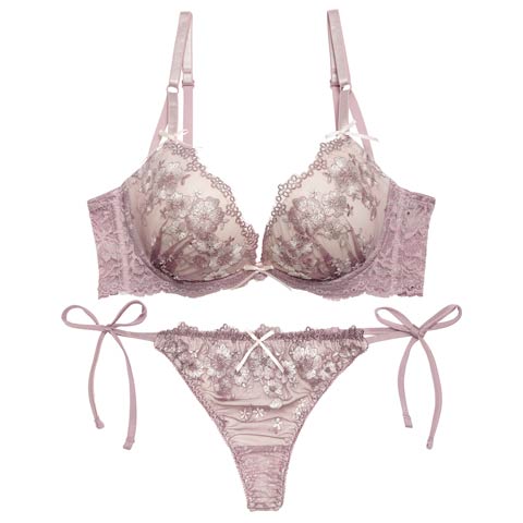 4/1再販!【EFサイズ】【Tバック】ダスティジュエルフラワー育乳脇高ブラジャー&サイド紐バック透けTバックショーツ[推し](パープル-E65/ショーツM)