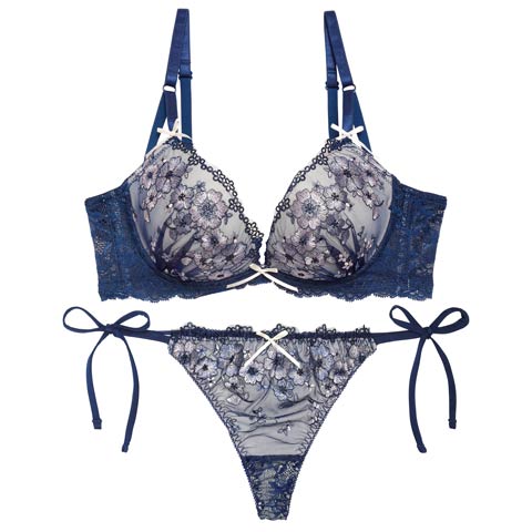 4/1再販!【EFサイズ】【Tバック】ダスティジュエルフラワー育乳脇高ブラジャー&サイド紐バック透けTバックショーツ[推し](ネイビー-E65/ショーツM)