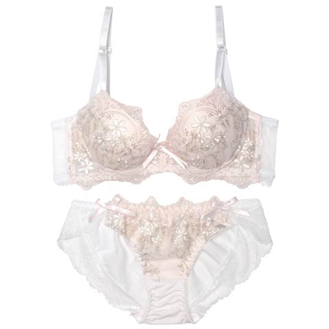 10/4再販!【GHIサイズ】ダマスクリボンフルーレット育乳ブラジャー&フルバックショーツ[推し](ピンク-G75/ショーツL)