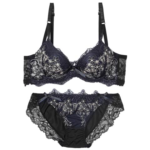 10/4再販!【GHIサイズ】ダマスクリボンフルーレット育乳ブラジャー&フルバックショーツ[推し](ネイビー-G75/ショーツL)