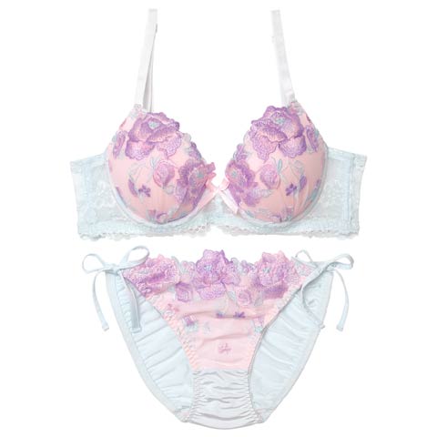 10/8新作!【EFサイズ】フェミニンパステルピオニブラジャー&サイド紐フルバックショーツ[推し](サックス-E70/ショーツM)