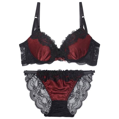 11/28新作!シックサテンレーシィ育乳脇高ブラジャー&バック透けフルバックショーツ[推し][人気](ワインレッド-A65/ショーツM)