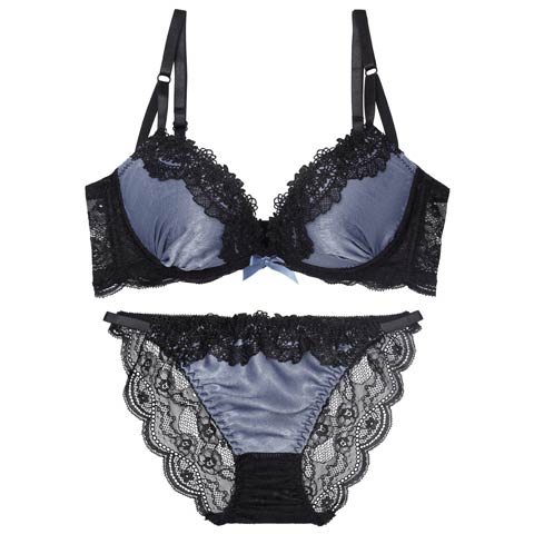 11/28新作!シックサテンレーシィ育乳脇高ブラジャー&バック透けフルバックショーツ[推し][人気](ブルー-A65/ショーツM)