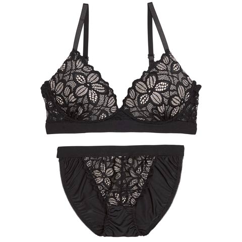 11/17新作!【ノンワイヤー】ノルディックフラワーレースブラジャー&フルバックショーツ[推し][人気](ブラック-M)