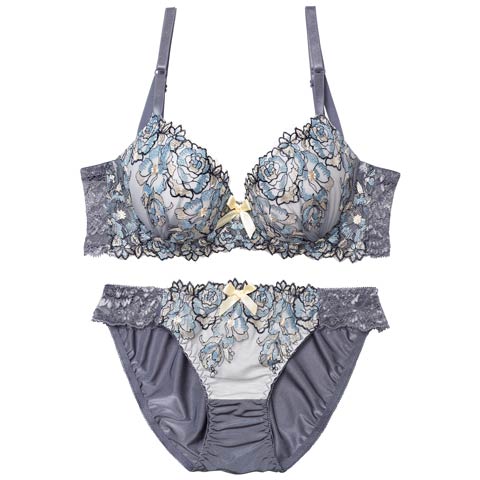 11/26新作!【EFサイズ】ロマンティックシャイニーローズ育乳ブラジャー&フルバックショーツ[推し](ブルーグレー-E70/ショーツM)