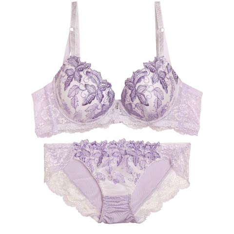 10/29新作!ナチュールリーフエンブロイダリー育乳ブラジャー&フルバックショーツ[推し][人気](パープル-A70/ショーツM)