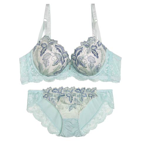 10/29新作!ナチュールリーフエンブロイダリー育乳ブラジャー&フルバックショーツ[推し][人気](ブルー-A70/ショーツM)