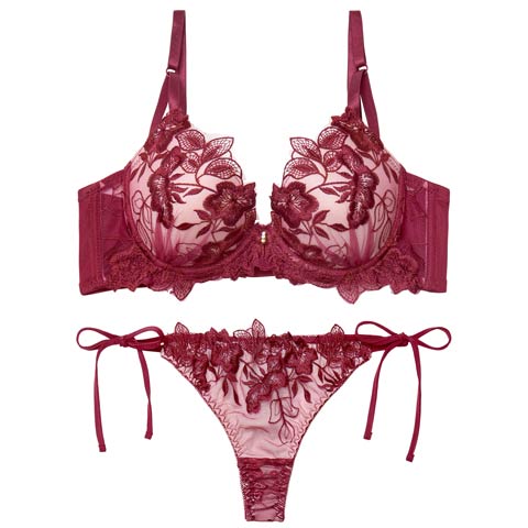 12/26新作!【Tバック】【三上悠亜着用】ノーブルボタニカルエンブロイダリー育乳脇高ブラジャー&サイド紐バック透けTバックショーツ[推し][人気](ワインレッド-A65/ショーツM)