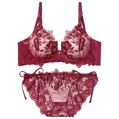 12/26新作!【EFサイズ】【三上悠亜着用】ノーブルボタニカルエンブロイダリー育乳脇高ブラジャー&サイド紐バック透けフルバックショーツ[推し](ワインレッド-E65/ショーツM)