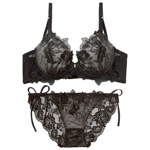 12/26新作!【EFサイズ】【三上悠亜着用】ノーブルボタニカルエンブロイダリー育乳脇高ブラジャー&サイド紐バック透けフルバックショーツ[推し](ブラック-E65/ショーツM)