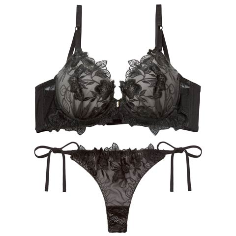 12/26新作!【EFサイズ】【Tバック】【三上悠亜着用】ノーブルボタニカルエンブロイダリー育乳脇高ブラジャー&サイド紐バック透けTバックショーツ[推し](ブラック-E65/ショーツM)