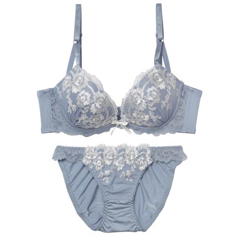 11/7新作!【EFサイズ】ダスティフローラルレース育乳ブラジャー&フルバックショーツ[推し](ブルー-E70/ショーツM)