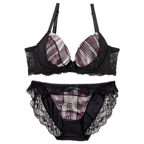 11/7新作!ノーブルチェックレーシィ育乳脇高ブラジャー&フルバックショーツ[推し][人気](パープル-A70/ショーツM)