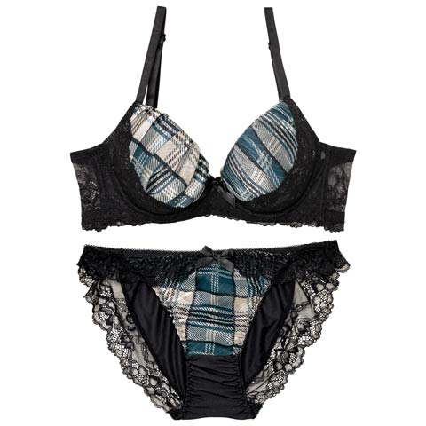 11/7新作!ノーブルチェックレーシィ育乳脇高ブラジャー&フルバックショーツ[推し][人気](ブルー-A70/ショーツM)