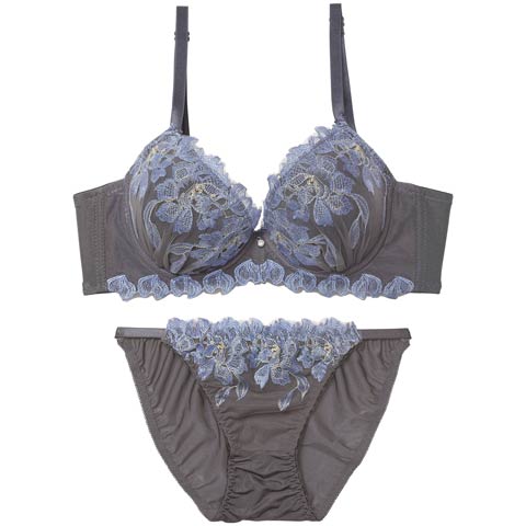 12/17新作!ブルームフラワーエンブロイダリー育乳脇高ブラジャー＆フルバックショーツ[推し][人気](グレー-A70/ショーツM)