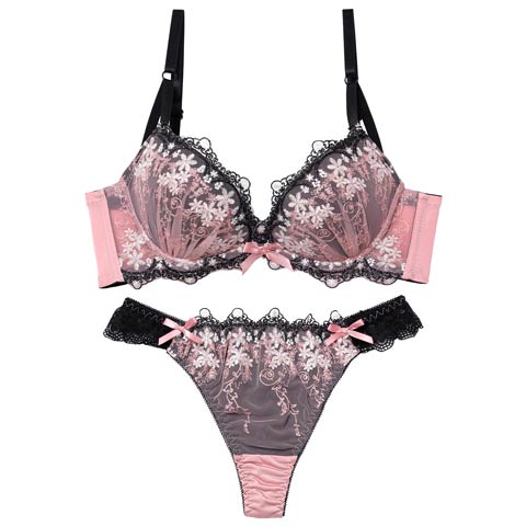 10/23再販!【Tバック】パステルシャドウフラワー育乳脇高ブラジャー&Tバックショーツ[推し][人気](ピンク-A65/ショーツM)