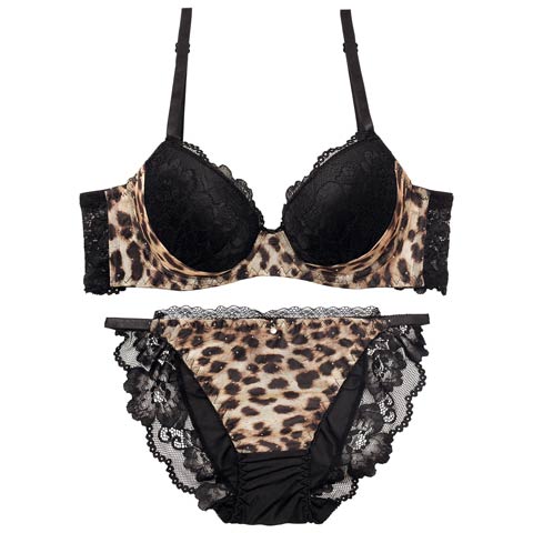 11/8再販!レオパードラインストーン育乳ブラジャー&フルバックショーツ[推し][人気](ブラウン-A65/ショーツM)