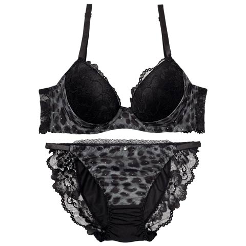 11/8再販!レオパードラインストーン育乳ブラジャー&フルバックショーツ[推し][人気](グレー-A65/ショーツM)