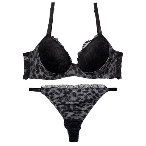 10/1新作!【Tバック】レオパードラインストーン育乳ブラジャー&バック透けTバックショーツ[推し][人気](グレー-A65/ショーツM)