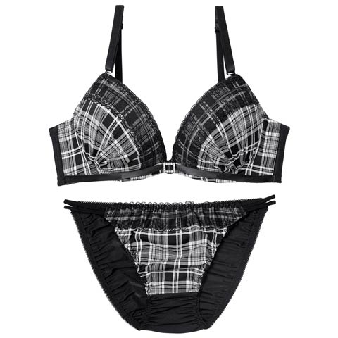 10/10新作!クラシカルガーリーチェックブラジャー&フルバックショーツ[推し][人気](ホワイト×ブラック-A65/ショーツM)
