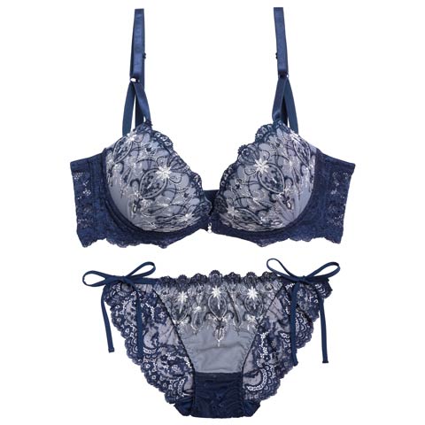12/15新作!【三上悠亜着用】グレイス シャンデリアレース育乳脇高ブラジャー&サイド紐バック透けフルバックショーツ[推し][人気](ブルー-A65/ショーツM)