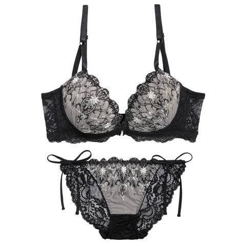 12/15新作!【三上悠亜着用】グレイス シャンデリアレース育乳脇高ブラジャー&サイド紐バック透けフルバックショーツ[推し][人気](ブラック-A65/ショーツM)
