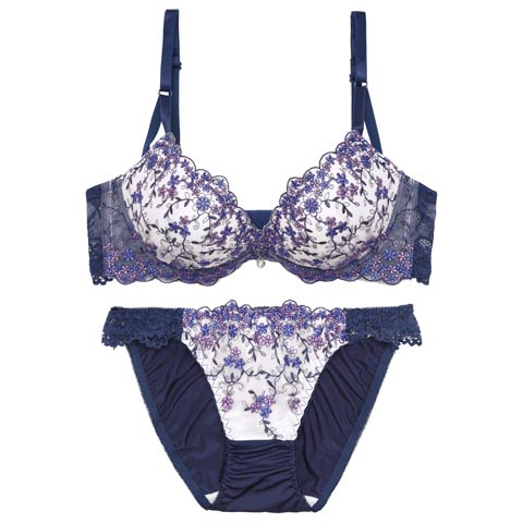 3/9新作!クリスタルブロッサム育乳脇高ブラジャー＆フルバックショーツ[推し][人気](ネイビー-A65/ショーツM)