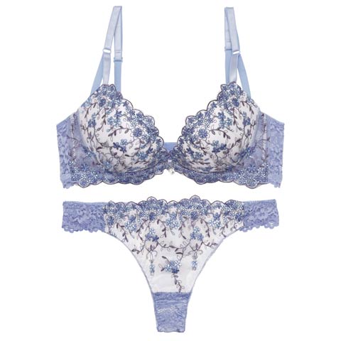 3/9新作!【Tバック】クリスタルブロッサム育乳脇高ブラジャー＆バック透けTバックショーツ[推し][人気](ブルー-A65/ショーツM)