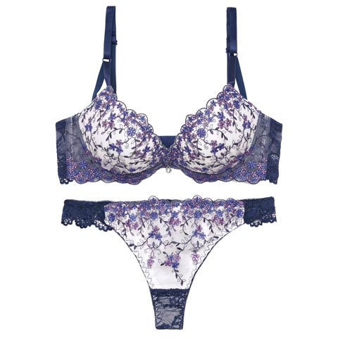 3/9新作!【Tバック】クリスタルブロッサム育乳脇高ブラジャー＆バック透けTバックショーツ[推し][人気](ネイビー-A65/ショーツM)
