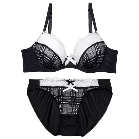 1/5新作!ガーリーチェックレースブラジャー＆フルバックショーツ[推し][人気](ブラック-A70/ショーツM)