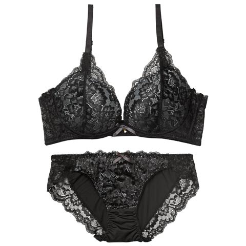 1/7新作!【EFサイズ】【かとゆり着用】エレガントオールレーシィ育乳脇高ブラジャー&フルバックショーツ[推し](ブラック-E65/ショーツM)