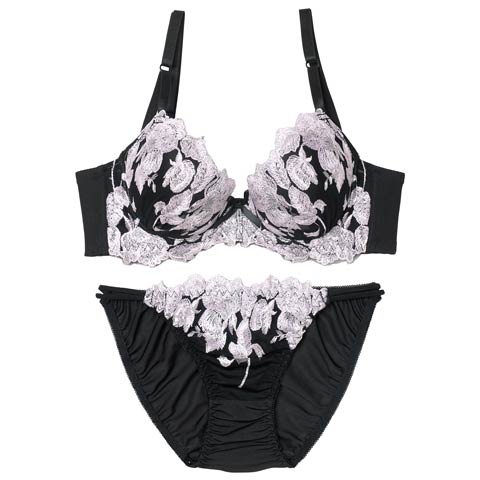 1/7新作!【EFサイズ】グレースペタルエンブロイダリー育乳脇高ブラジャー&フルバックショーツ[推し](ブラック-E70/ショーツM)