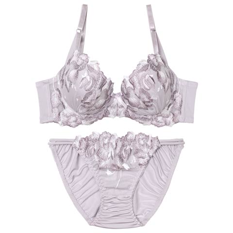 1/7新作!【EFサイズ】グレースペタルエンブロイダリー育乳脇高ブラジャー&フルバックショーツ[推し](パープル-E70/ショーツM)