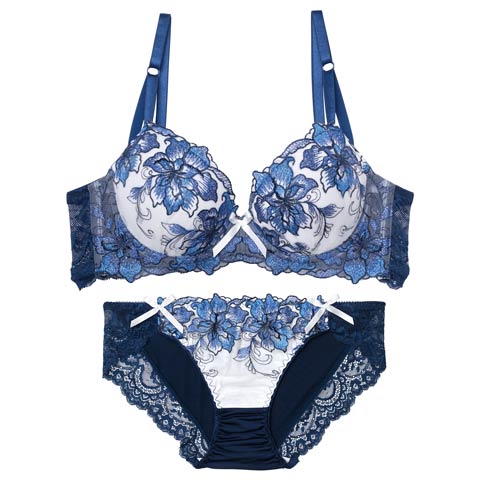 11/15再販!【三上悠亜着用】ロイヤルラメフラワー育乳ブラジャー&フルバックショーツ[推し][人気](ブルー-B65/ショーツM)