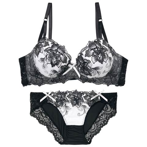 9/12再販!【EFサイズ】【三上悠亜着用】ロイヤルラメフラワー育乳脇高ブラジャー&フルバックショーツ[推し](ブラック-E75/ショーツL)