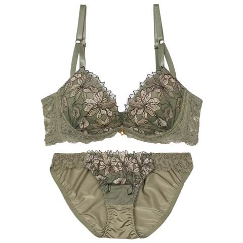 1/21新作!ミステリアスブロッサムレーシィ育乳脇高ブラジャー＆フルバックショーツ[推し][人気](カーキ-A70/ショーツM)