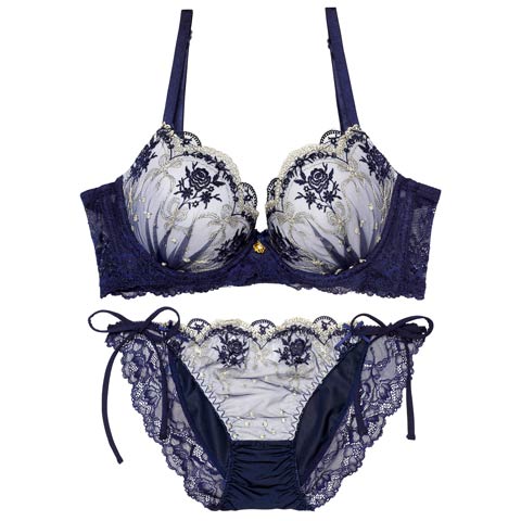 2/13新作!ラグジュアリーローズブーケ育乳脇高ブラジャー&サイド紐フルバックショーツ[推し][人気](ネイビー-A65/ショーツM)