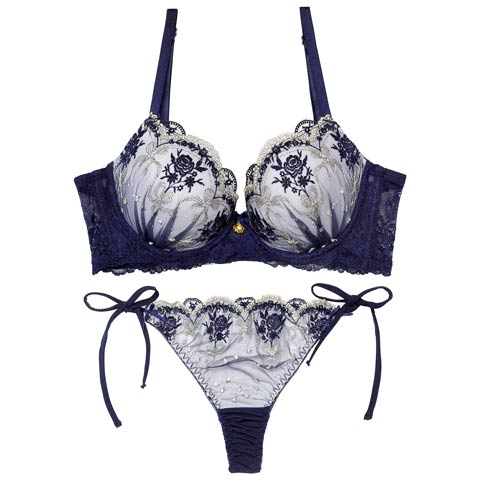 2/13新作!【Tバック】ラグジュアリーローズブーケ育乳脇高ブラジャー&サイド紐バック透けTバックショーツ[推し][人気](ネイビー-A65/ショーツM)