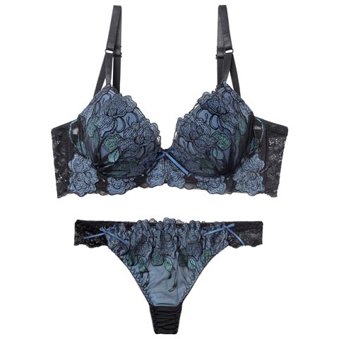 12/8新作!【Tバック】【EFサイズ】【三上悠亜着用】ゴージャスディープローズ育乳脇高ブラジャー&Tバックショーツ[推し](ブルー-E65/ショーツM)