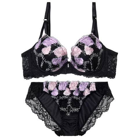 3/27新作!【GHIサイズ】ルミナスローズエンブロイダリー育乳脇高ブラジャー&フルバックショーツ[推し](ブラック-G75/ショーツL)