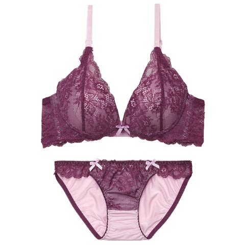 2/2新作!ディープバイカラーレース育乳脇高ブラジャー&フルバックショーツ[推し][人気](パープル-A70/ショーツM)