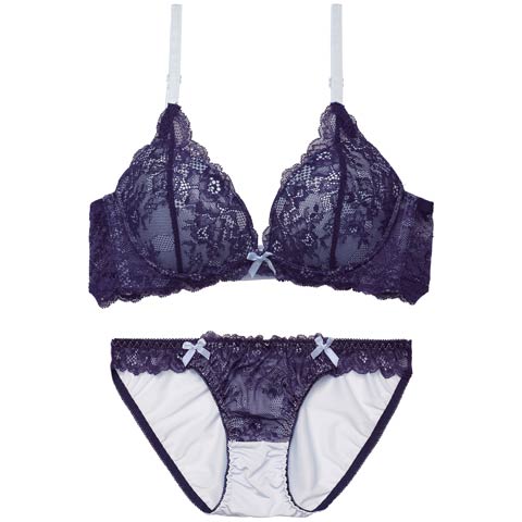 2/2新作!ディープバイカラーレース育乳脇高ブラジャー&フルバックショーツ[推し][人気](ネイビー-A70/ショーツM)