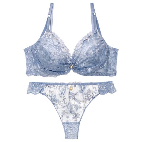 1/17再販!【Tバック】ブロッサムギャザーレース育乳脇高ブラジャー&バック透けTバックショーツ[推し][人気](ブルー-A65/ショーツM)