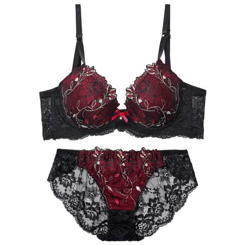 4/20新作!【三上悠亜着用】ミステリアスローズ育乳脇高ブラジャー&バック透けフルバックショーツ[推し][人気](ワインレッド-A65/ショーツM)