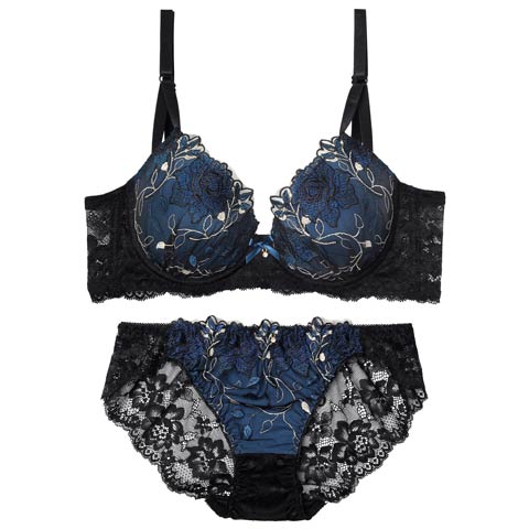 4/20新作!【三上悠亜着用】ミステリアスローズ育乳脇高ブラジャー&バック透けフルバックショーツ[推し][人気](ネイビー-A65/ショーツM)