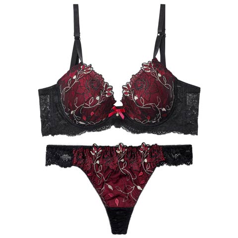 4/20新作!【三上悠亜着用】ミステリアスローズ育乳脇高ブラジャー&バック透けフルバックショーツ[推し][人気](ワインレッド-A65/ショーツM)