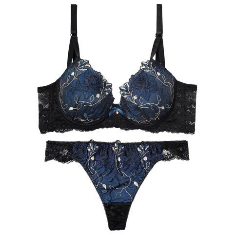 4/20新作!【三上悠亜着用】ミステリアスローズ育乳脇高ブラジャー&バック透けフルバックショーツ[推し][人気](ネイビー-A65/ショーツM)