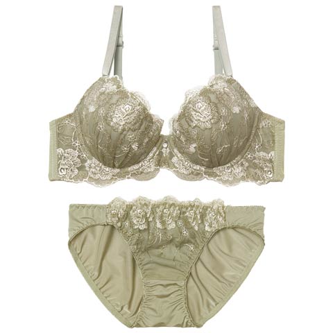 3/25新作!メロウブルームエンブロイダリーブラジャー&フルバックショーツ[推し](カーキ-A70/ショーツM)