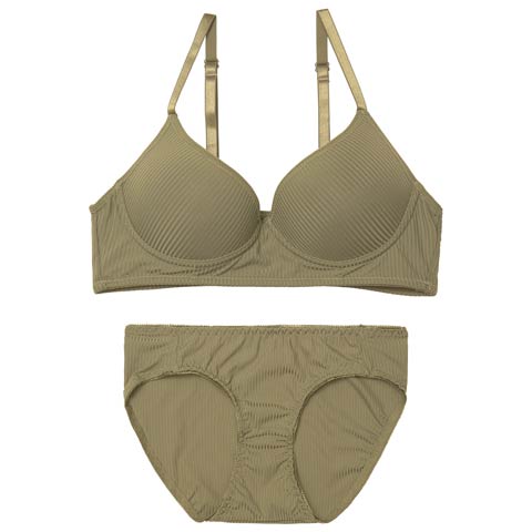 4/20新作!【ノンワイヤー】リラックスリブブラジャー&フルバックショーツ[推し][人気](カーキ-M)