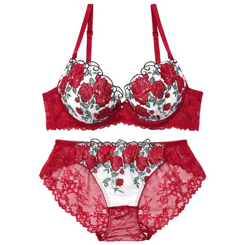 4/17新作!グラマラス ブライトフラワーブラジャー&バック透けフルバックショーツ[推し](レッド-A65/ショーツM)